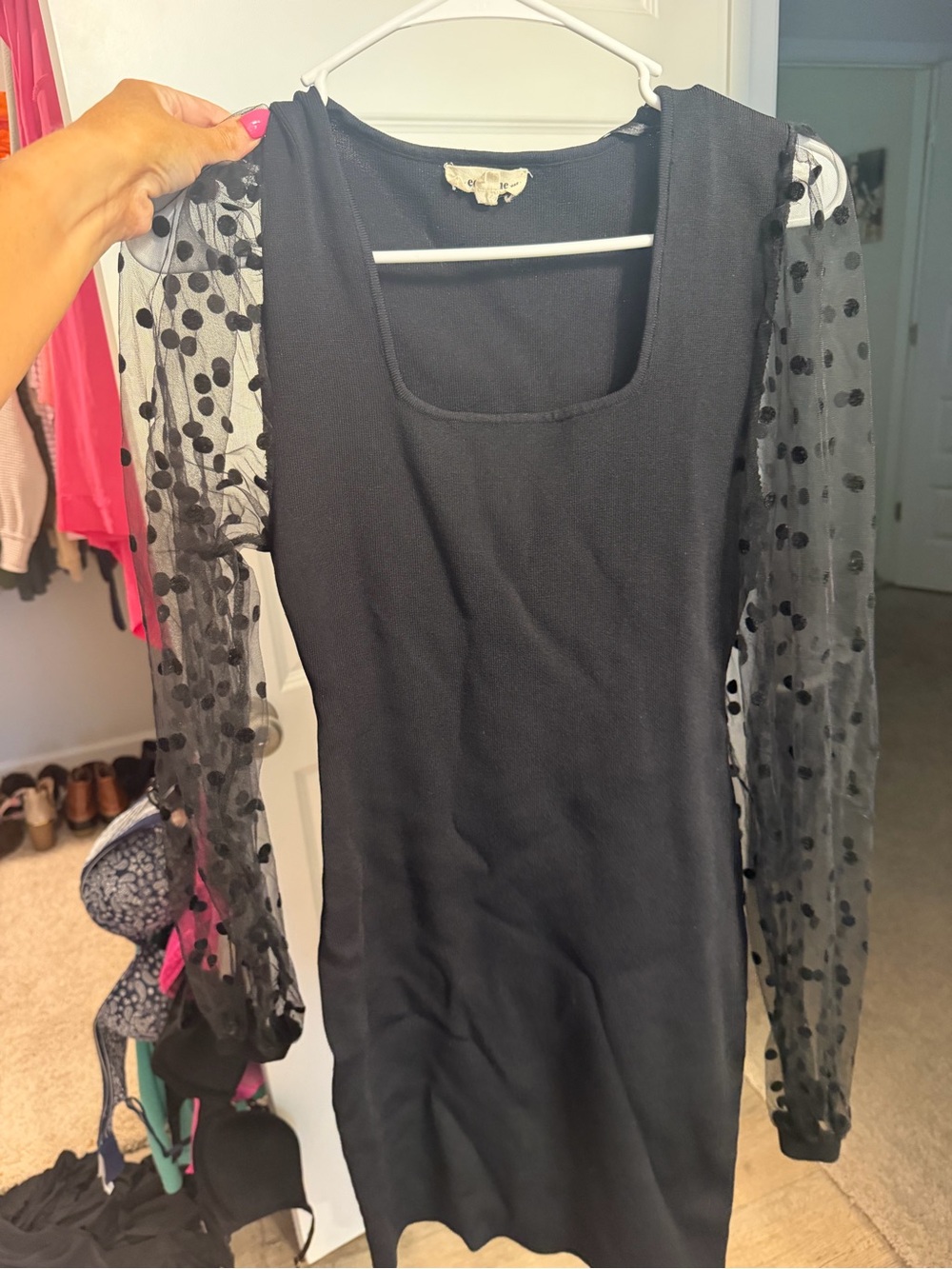 Black Knit Dress with Polka Dot Sheer Sleeves